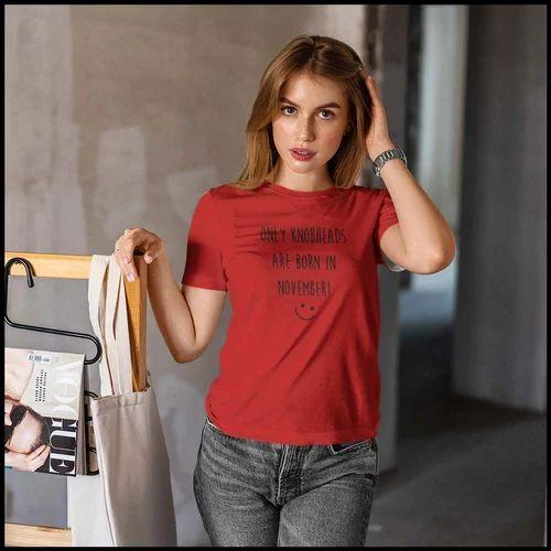 Women round neck tshirt red color with 03