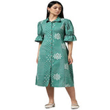 Utsa Green Geometric Patch Printed Shirt Dress