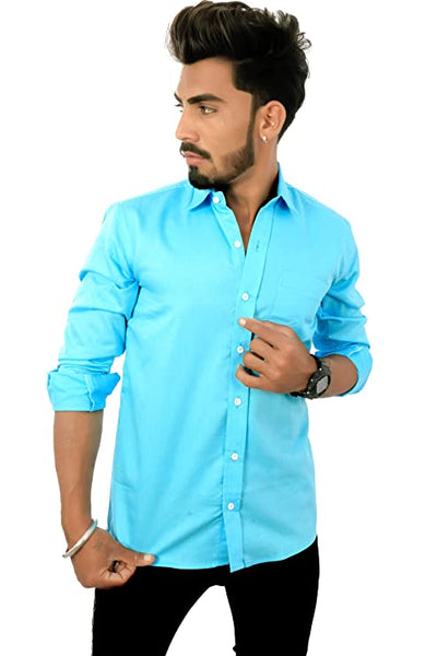 REBANTA Men's Solid Casual Shirt Aqua Blue Pure Cotton